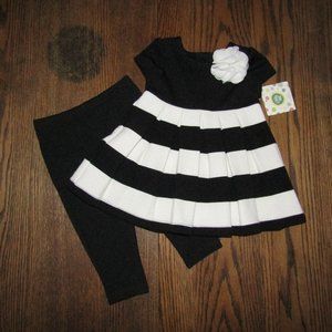 Little Me baby girls 2 piece black & white striped pleated dress & leggings 12M